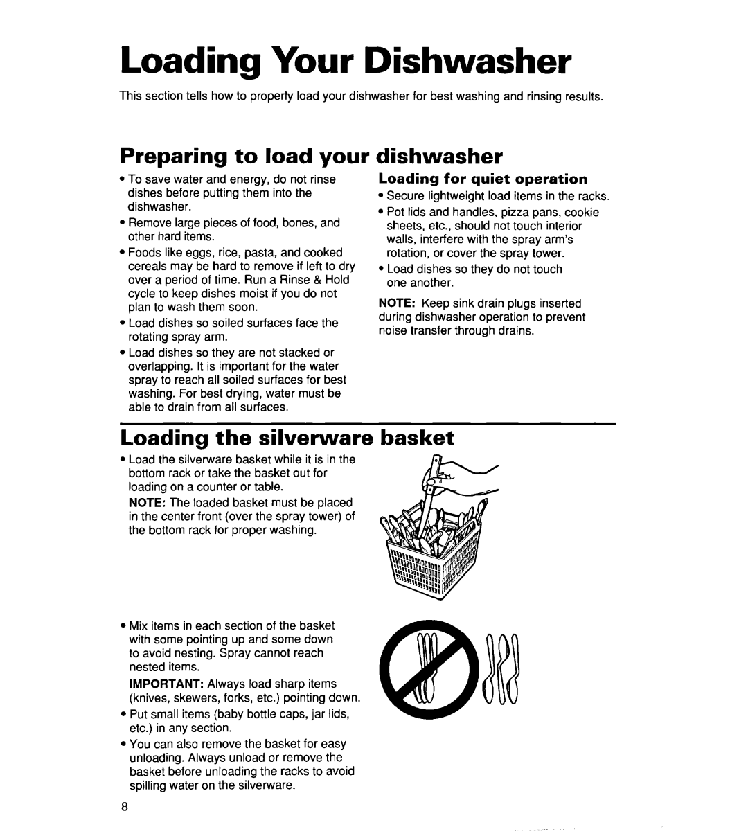 Whirlpool 830, Series 400, 806 Loading Your Dishwasher, Preparing to load your, dishwasher, Loading the silverware basket 