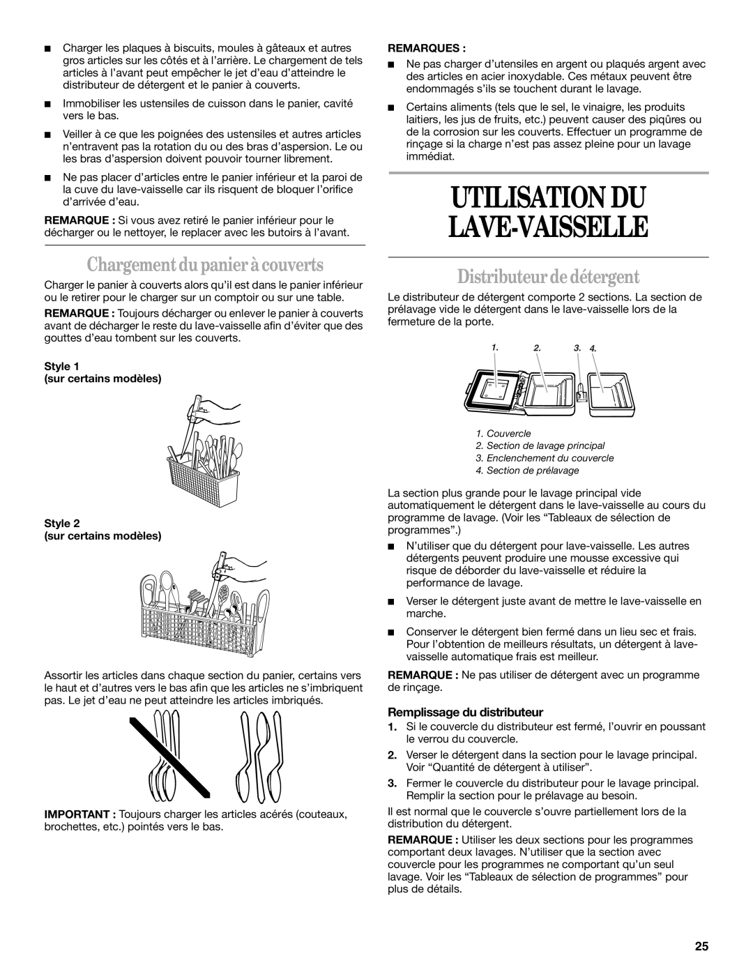 Whirlpool Series 810 manual Utilisation Du Lave-Vaisselle, Chargement du panier à couverts, Distributeur de détergent 