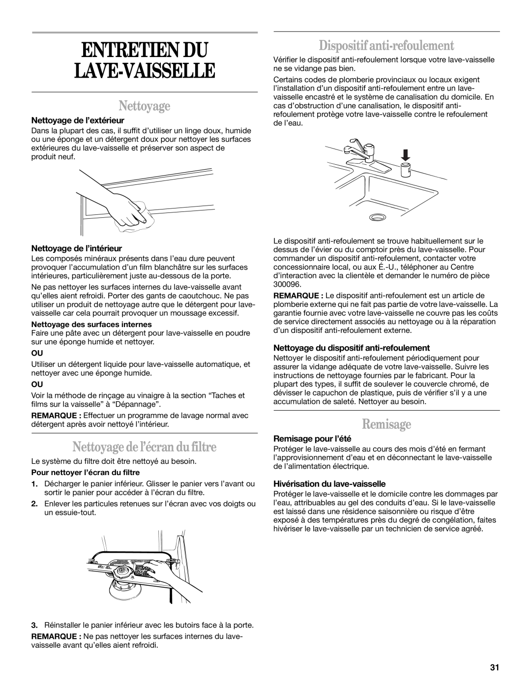 Whirlpool Series 810 manual Entretien Du Lave-Vaisselle, Nettoyage de l’écran du filtre, Dispositif anti-refoulement 