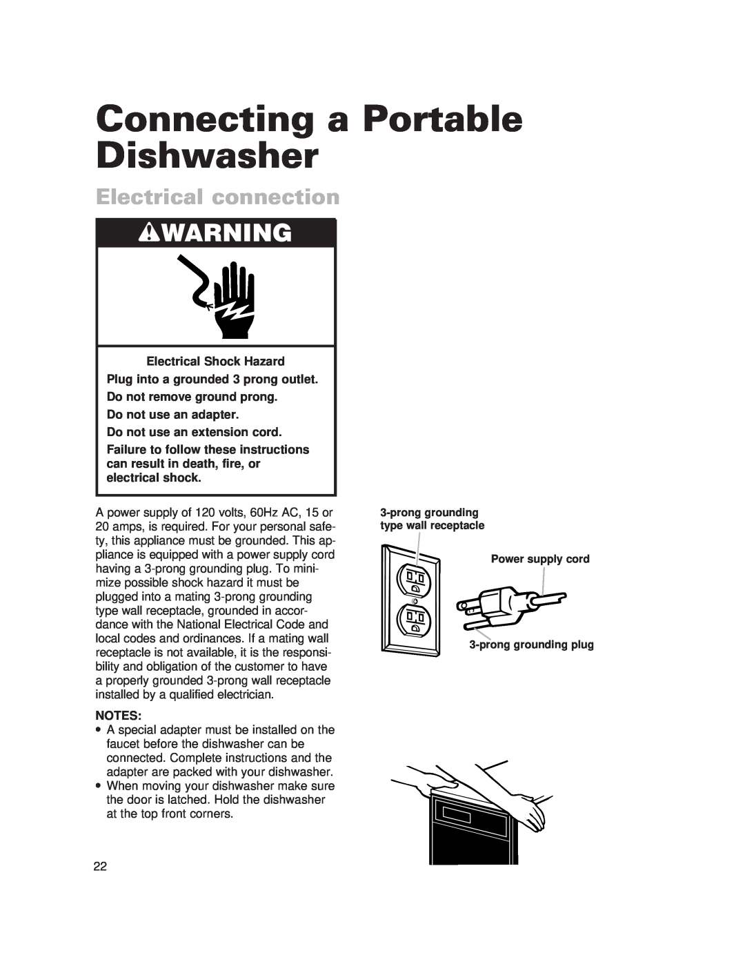 Whirlpool SERIES 920, 929 warranty Connecting a Portable Dishwasher, Electrical connection, wWARNING 