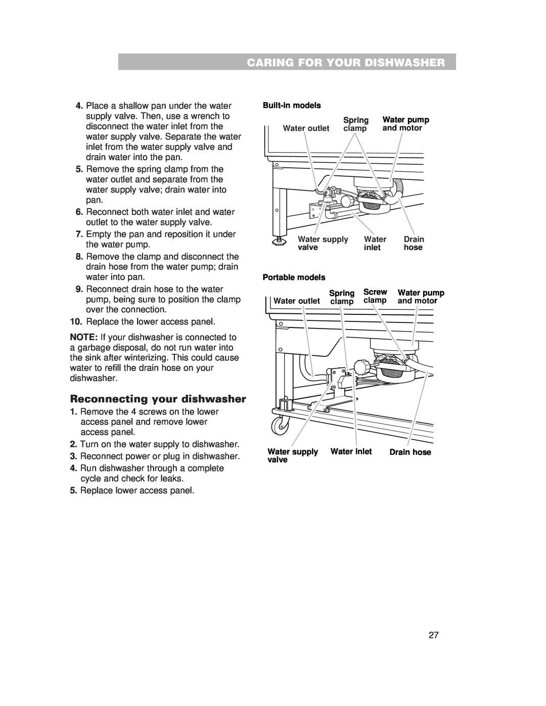 Whirlpool 929, SERIES 920 warranty Reconnecting your dishwasher, Caring For Your Dishwasher 