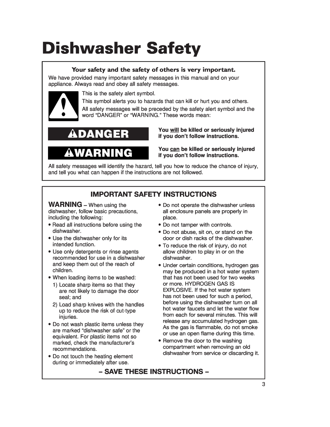 Whirlpool 929, SERIES 920 Dishwasher Safety, wDANGER wWARNING, Important Safety Instructions, Save These Instructions 