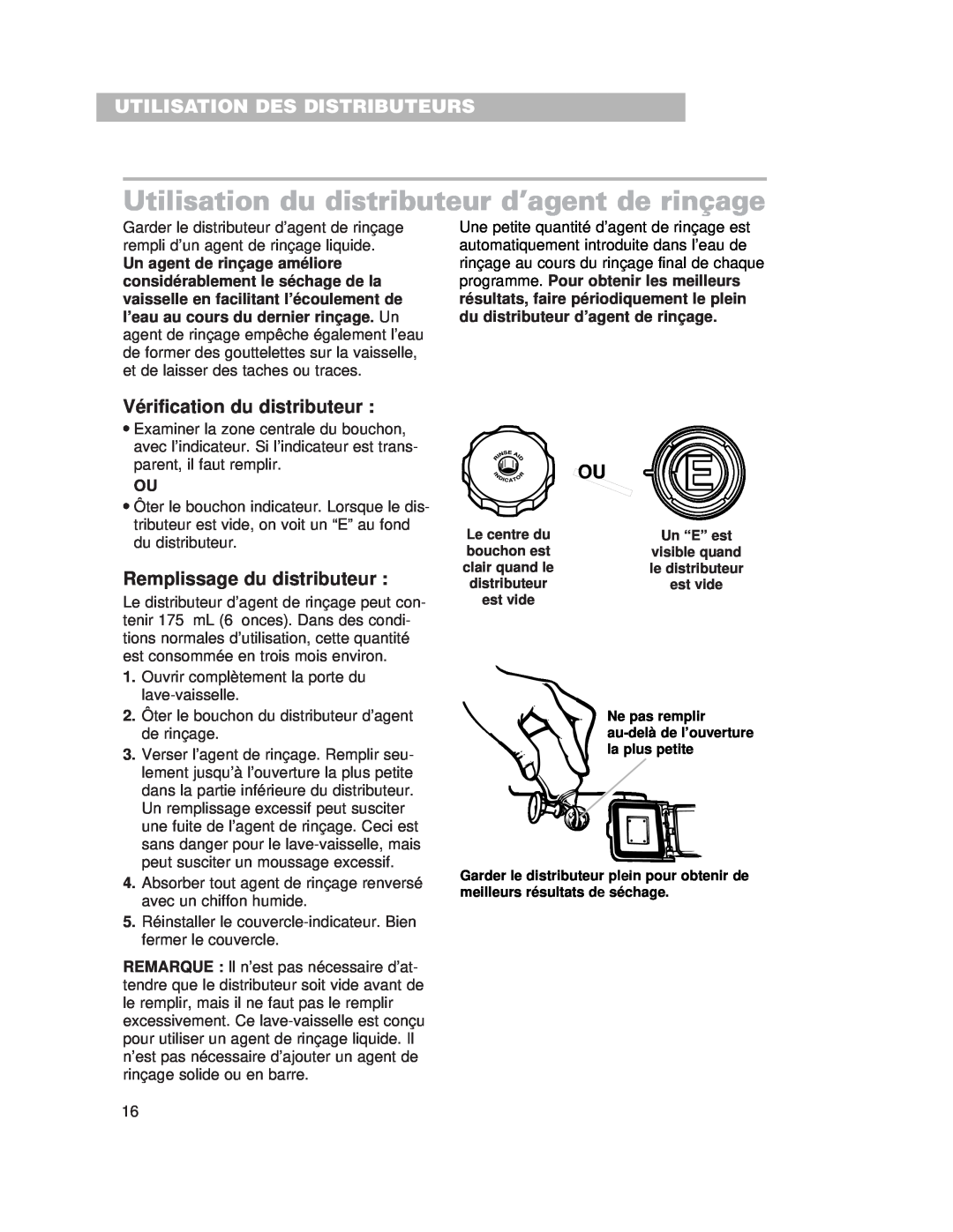 Whirlpool SERIES 920, 929 warranty Utilisation du distributeur d’agent de rinçage, Vérification du distributeur 