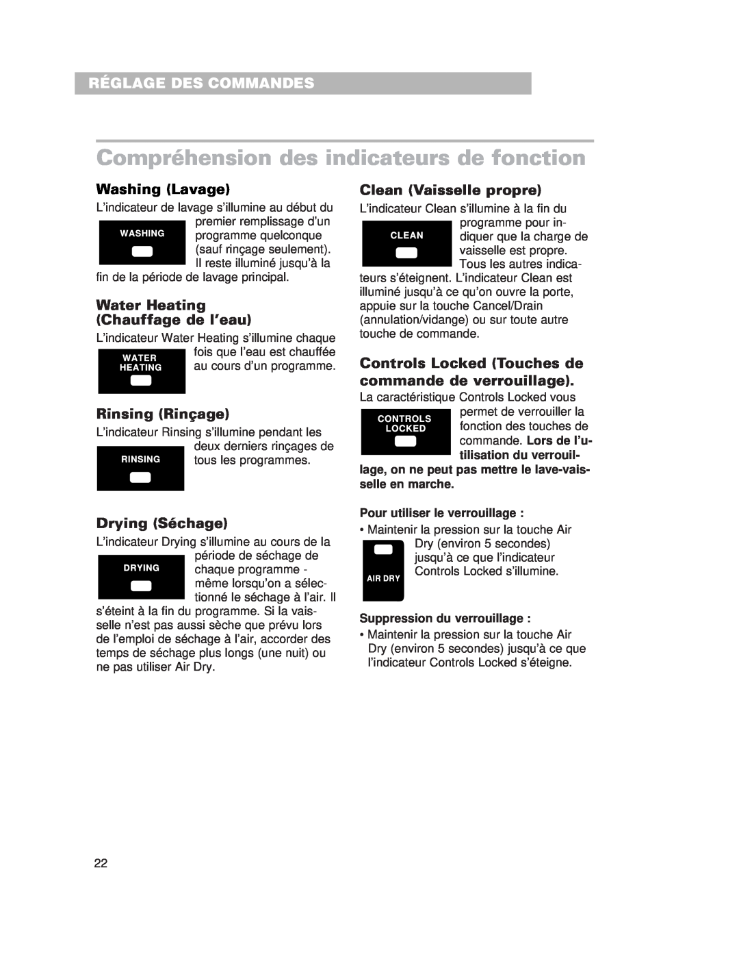 Whirlpool SERIES 920, 929 Compréhension des indicateurs de fonction, Washing Lavage, Water Heating Chauffage de l’eau 