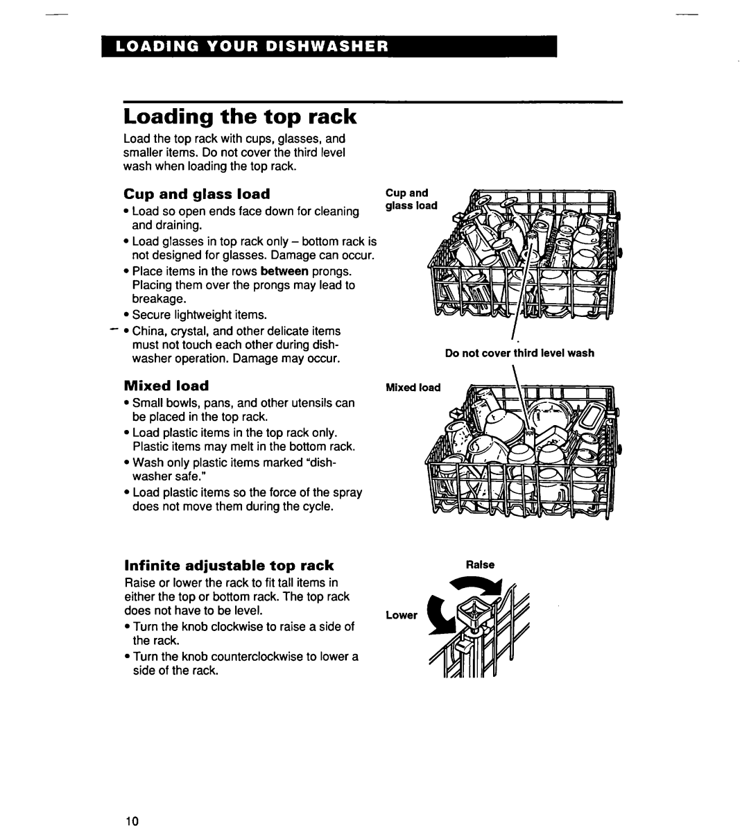 Whirlpool SERIES 940 warranty Loading the top rack, Cup and glass load, Infinite Adjustable Top rack 