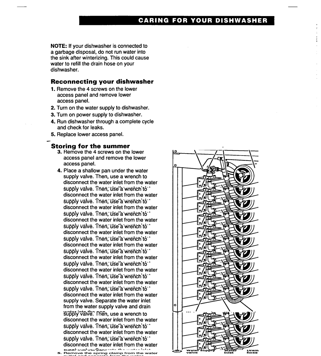 Whirlpool SERIES 940 warranty Reconnecting your dishwasher, Storing for the summer 