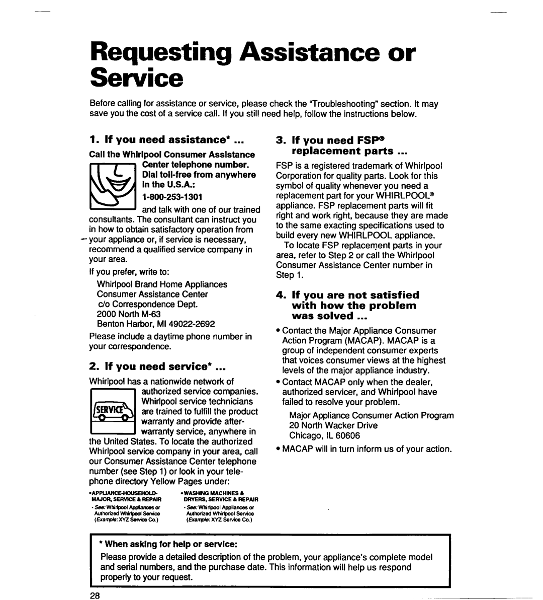 Whirlpool SERIES 940 warranty Se&i& w, If you need assistance, If you need service, If you need FSP Replacement parts 