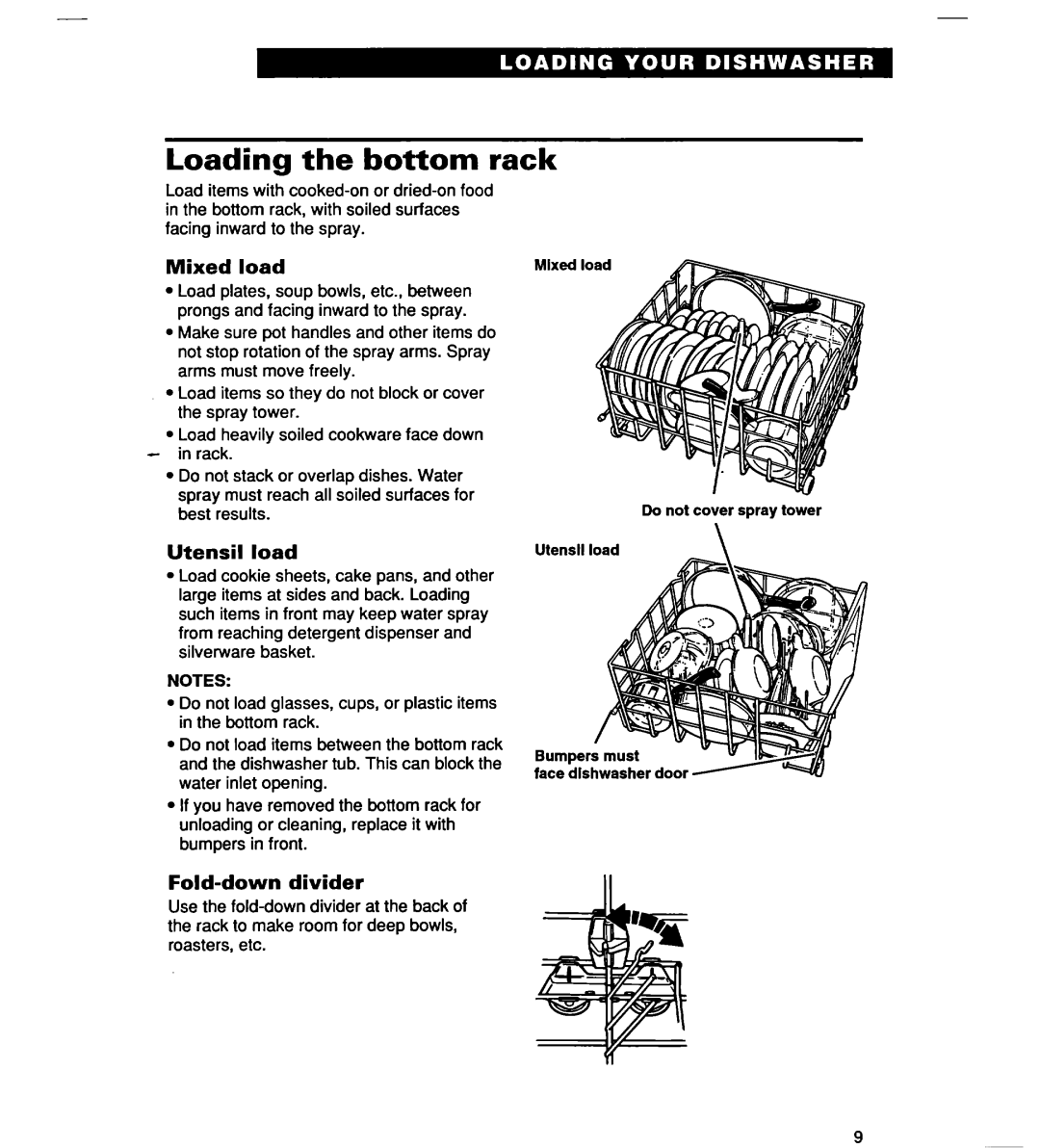 Whirlpool SERIES 940 warranty Loading the bottom rack, Mixed load, Utensil load, Fold-down divider 