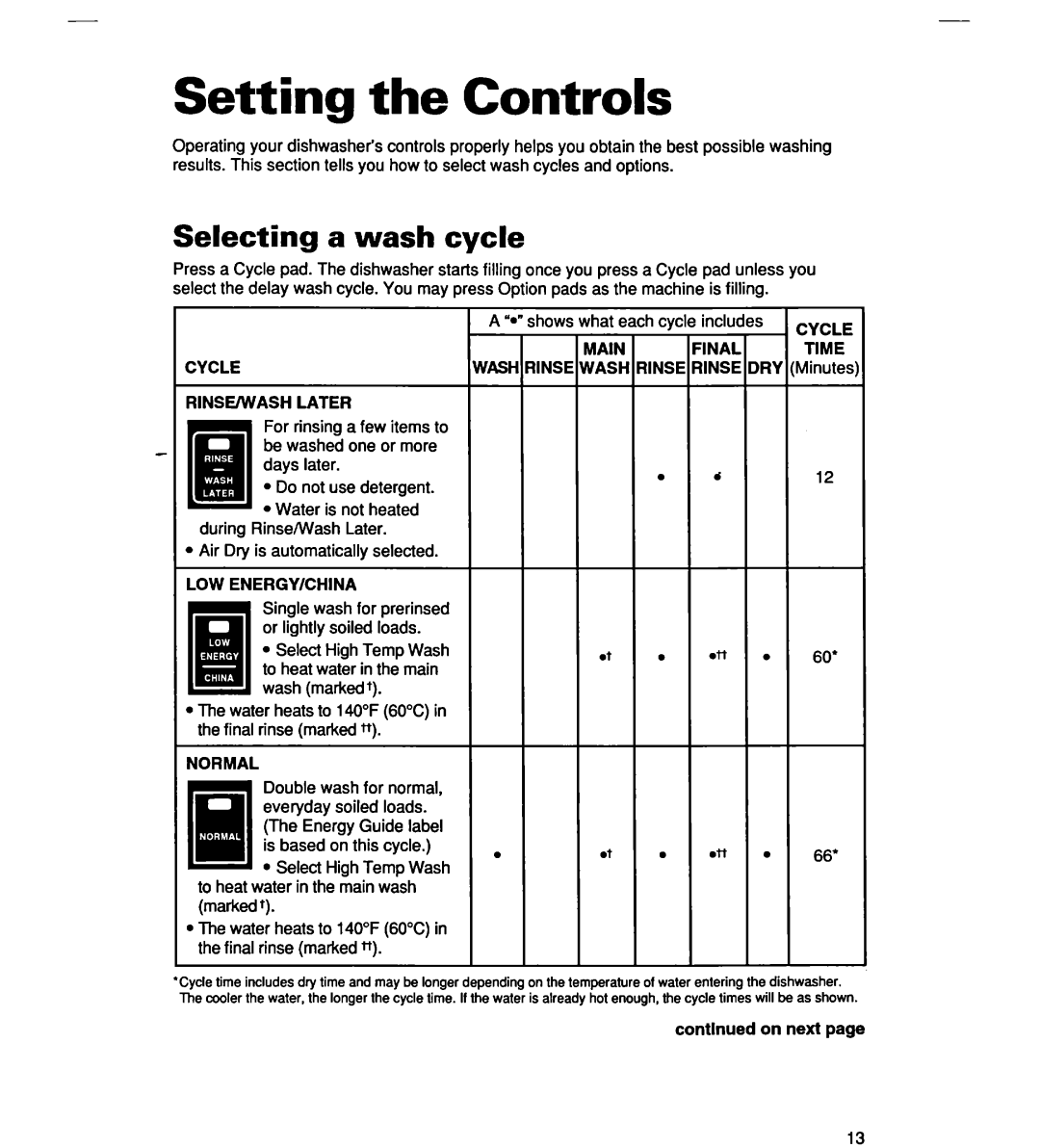 Whirlpool SERIES 940 warranty Setting the Controls, Selecting a wash cycle 