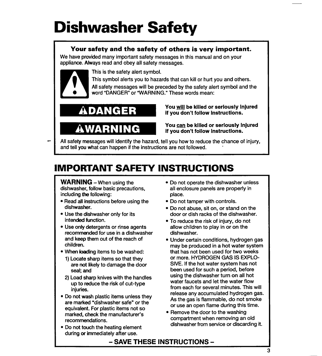 Whirlpool SERIES 940 warranty Dishwasher Safety, Important Safety Instructions, Savethese Instructions 