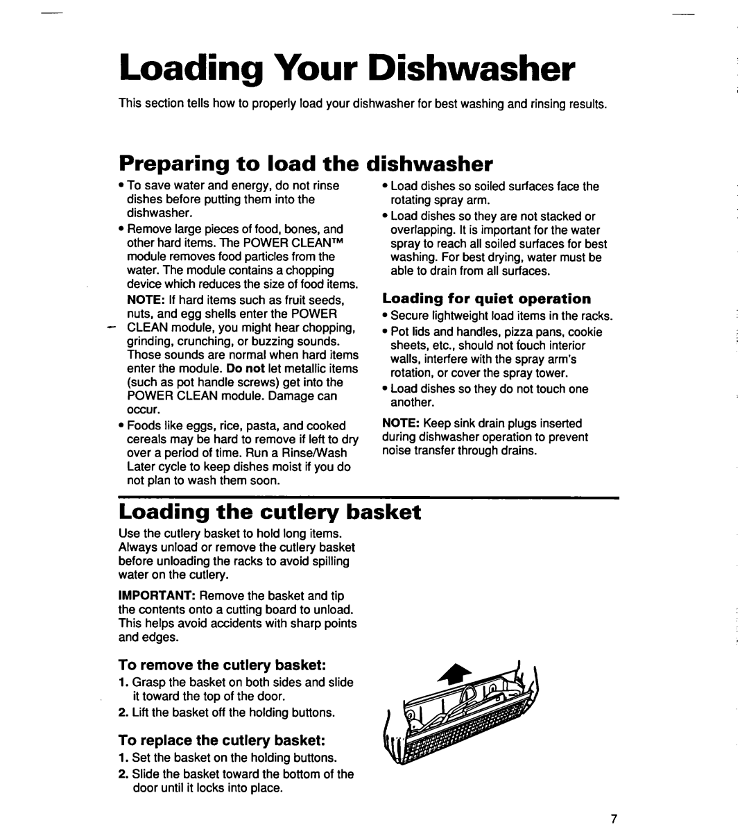Whirlpool SERIES 940 warranty Loading Your Dishwasher, Preparing to load the, dishwasher, Loading the cutlery basket 