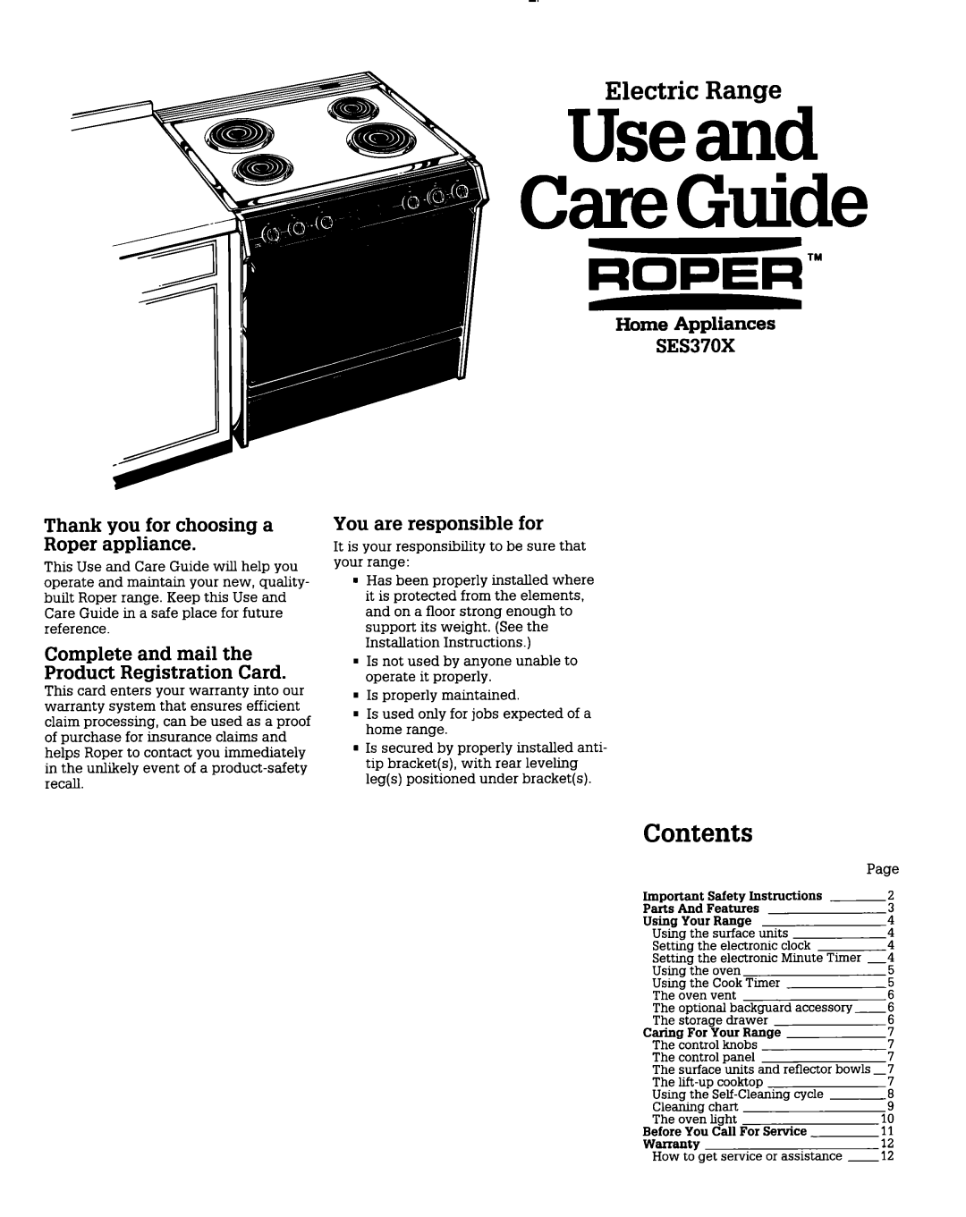 Whirlpool SES370X warranty Electric Range, Contents 