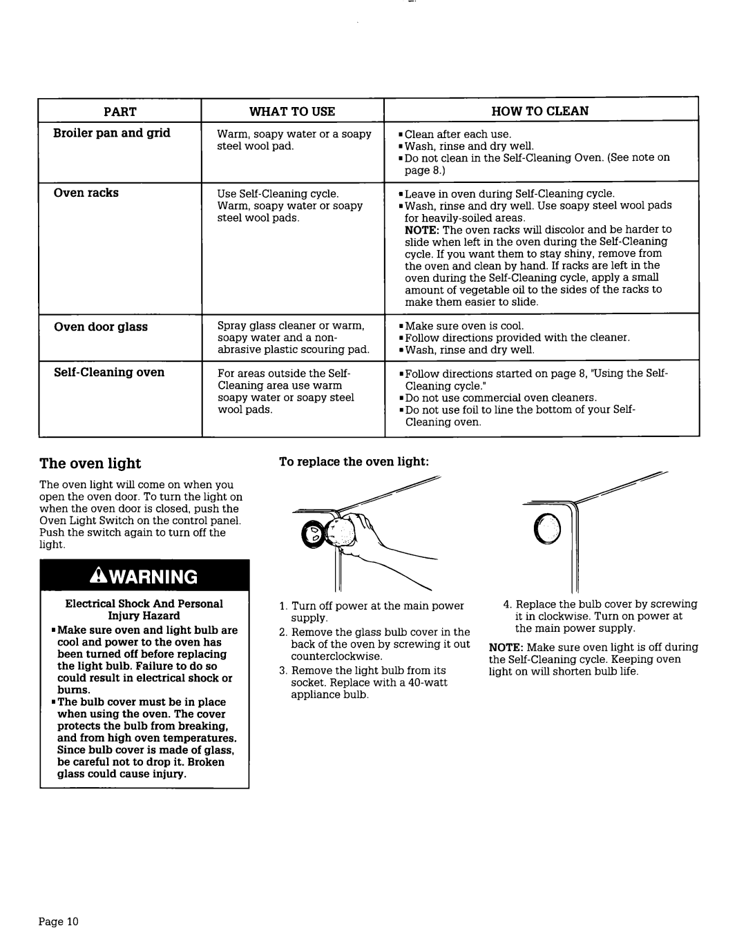 Whirlpool SES370X warranty Oven light, Part, What to USE, HOW to Clean, To replace the oven light 