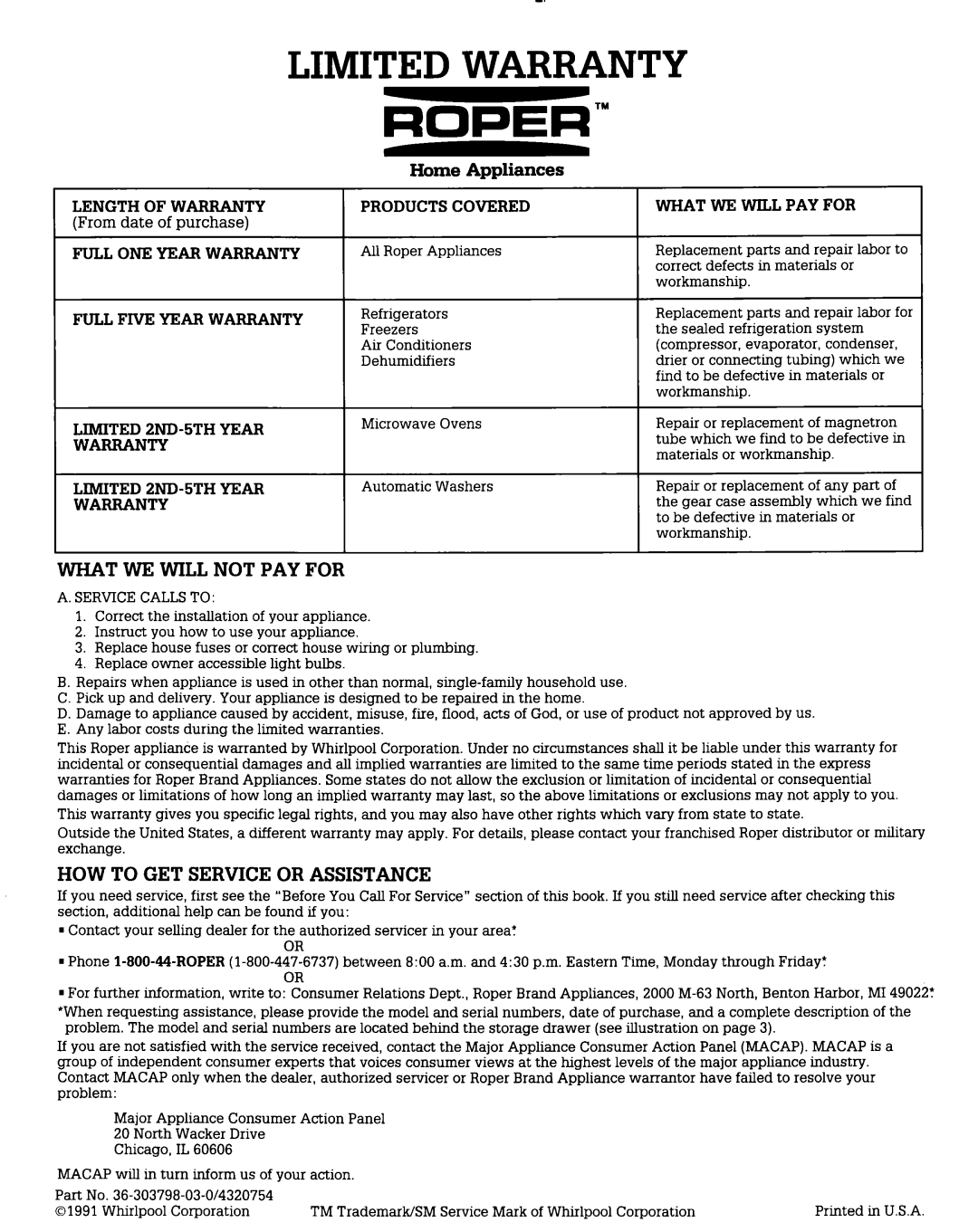 Whirlpool SES370X warranty From date of purchase 