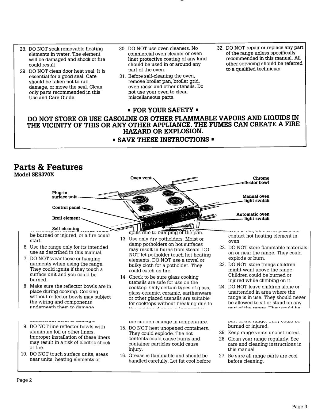 Whirlpool warranty Parts 81Features, Model SES370X 