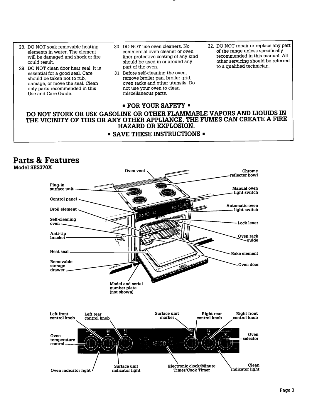 Whirlpool SES370X warranty Parts 81Features, For Your Safety, Save These Instructions 