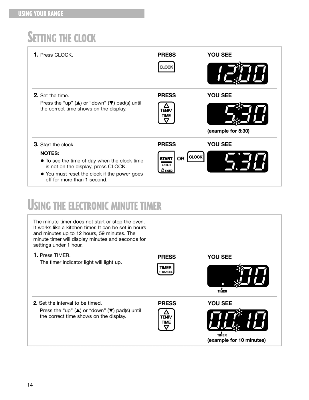 Whirlpool SES374H warranty Setting the Clock, Using the Electronic Minute Timer, Press Clock, Example for 10 minutes 