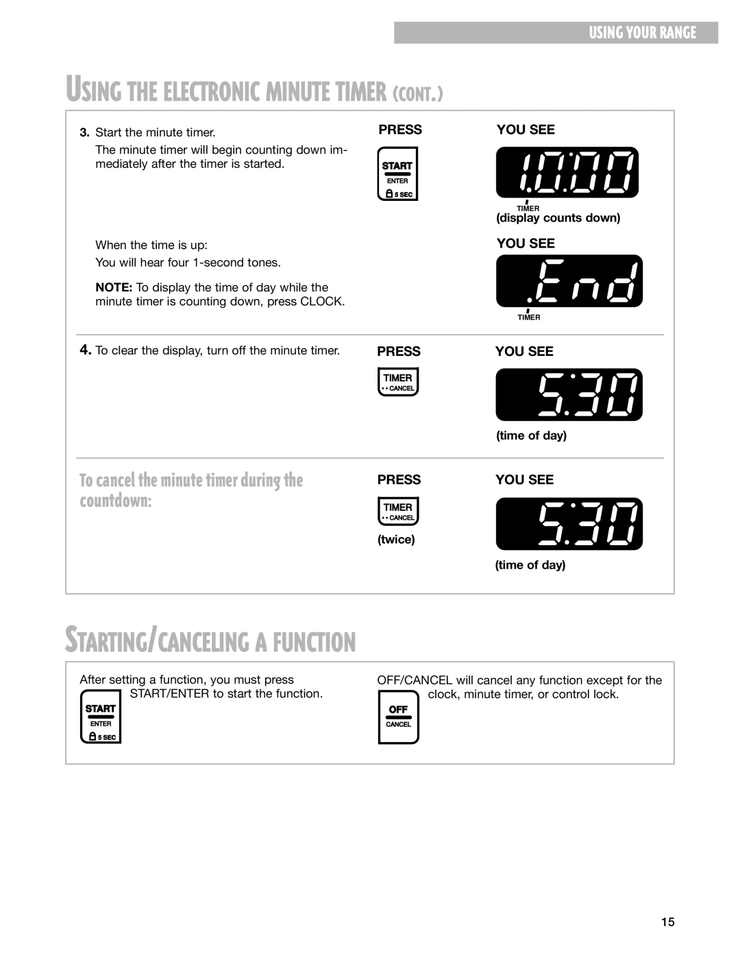 Whirlpool SES374H STARTING/CANCELING a Function, Display counts down, To clear the display, turn off the minute timer 