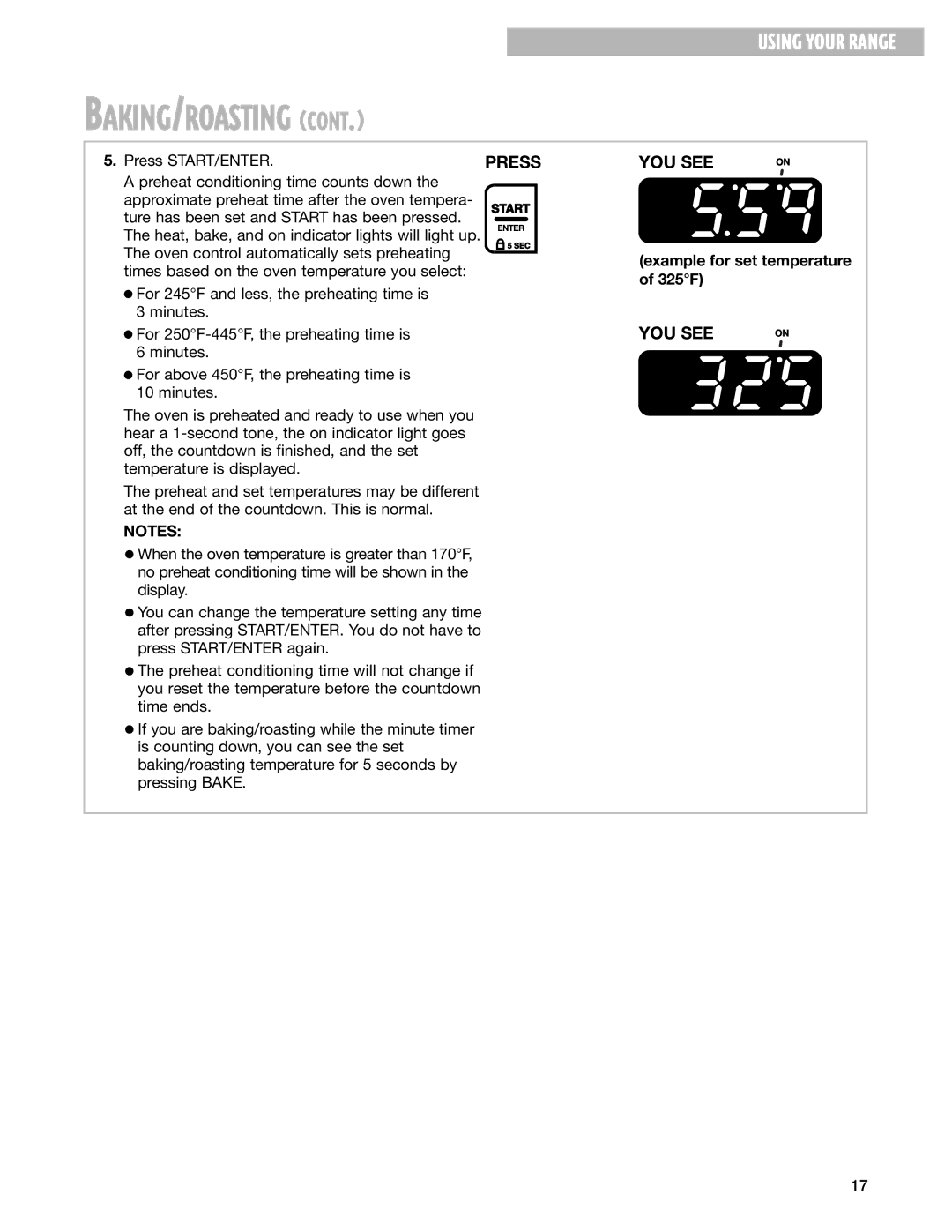 Whirlpool SES374H warranty Example for set temperature of 325F 