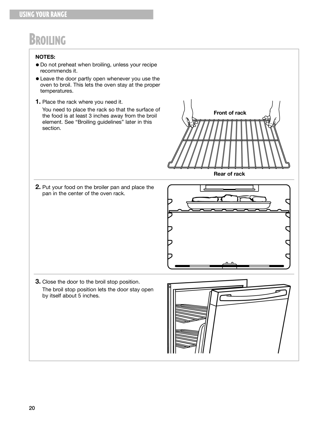 Whirlpool SES374H warranty Broiling, Front of rack Rear of rack 