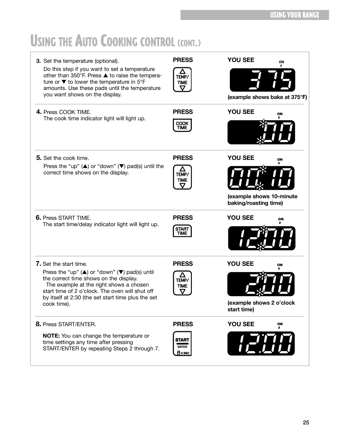 Whirlpool SES374H warranty Start time/delay indicator light will light up, Example shows 2 o’clock start time 