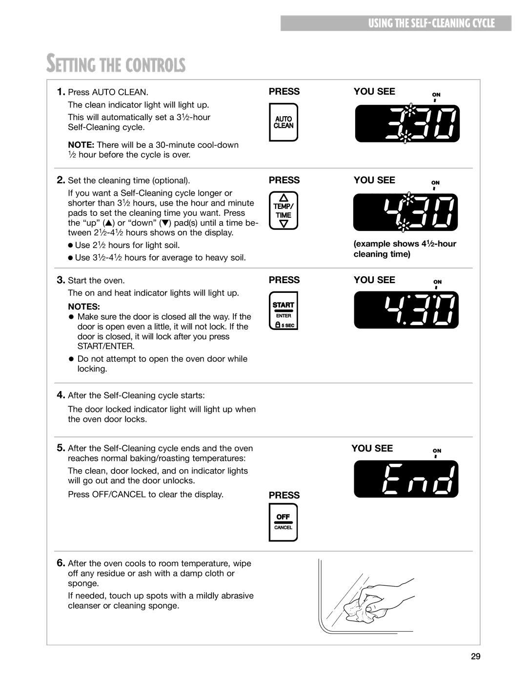 Whirlpool SES374H warranty Setting the Controls, Example shows 41⁄2-hour, Cleaning time 