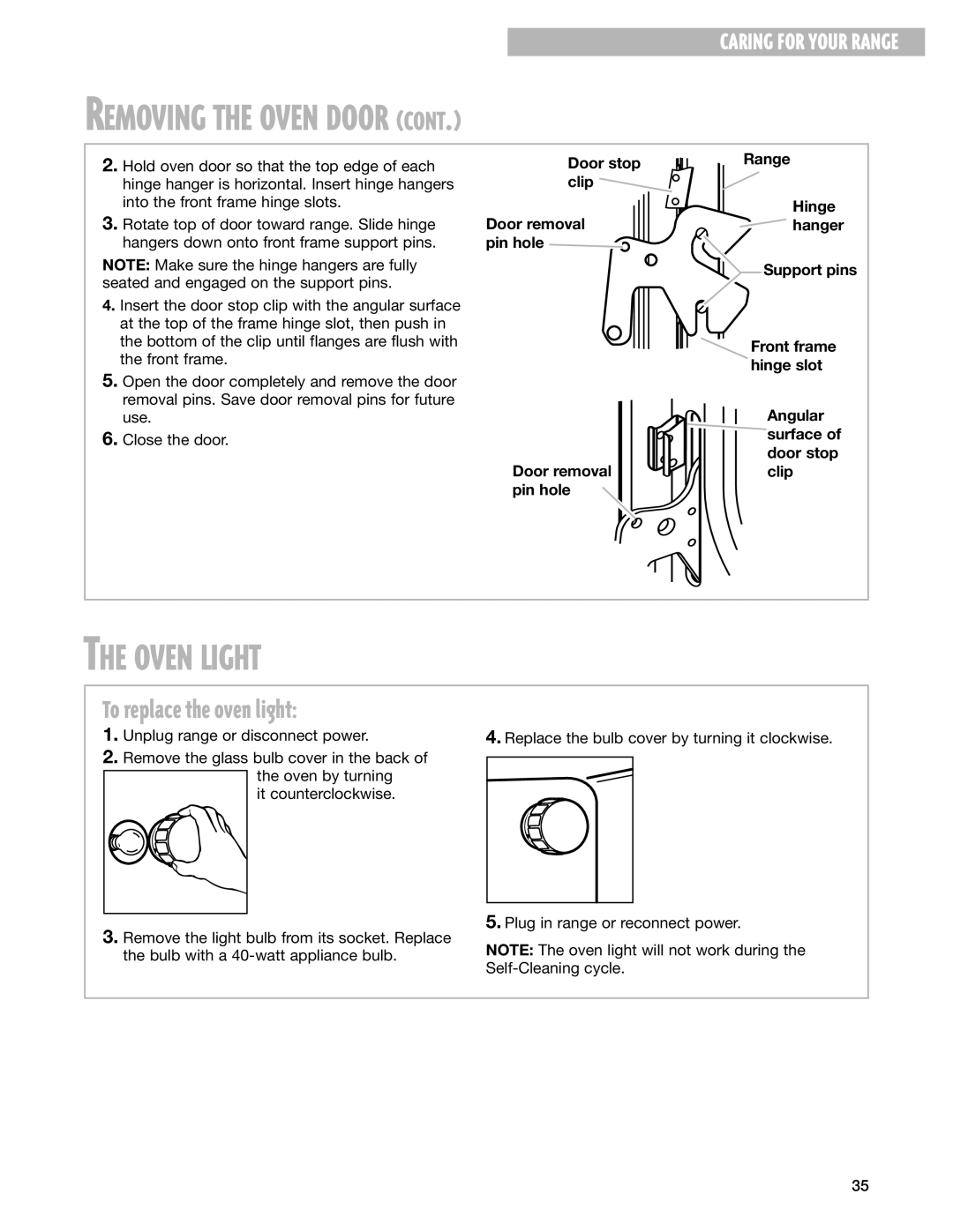 Whirlpool SES374H warranty Oven Light, To replace the oven light 