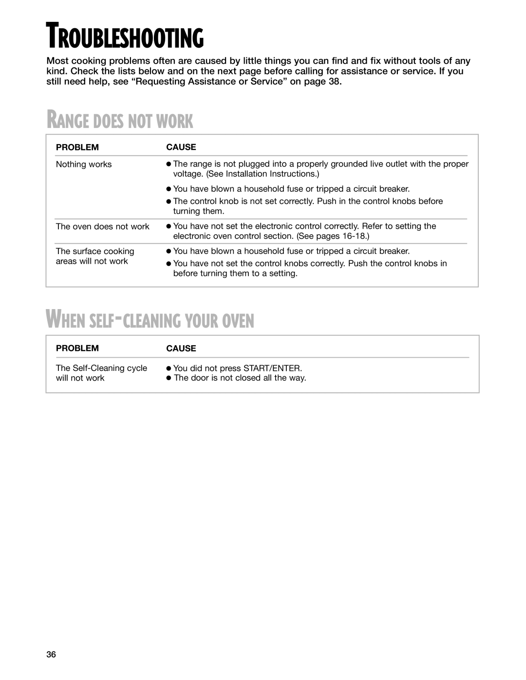 Whirlpool SES374H warranty Troubleshooting, Range does not Work, When SELF-CLEANING Your Oven, Problem Cause 