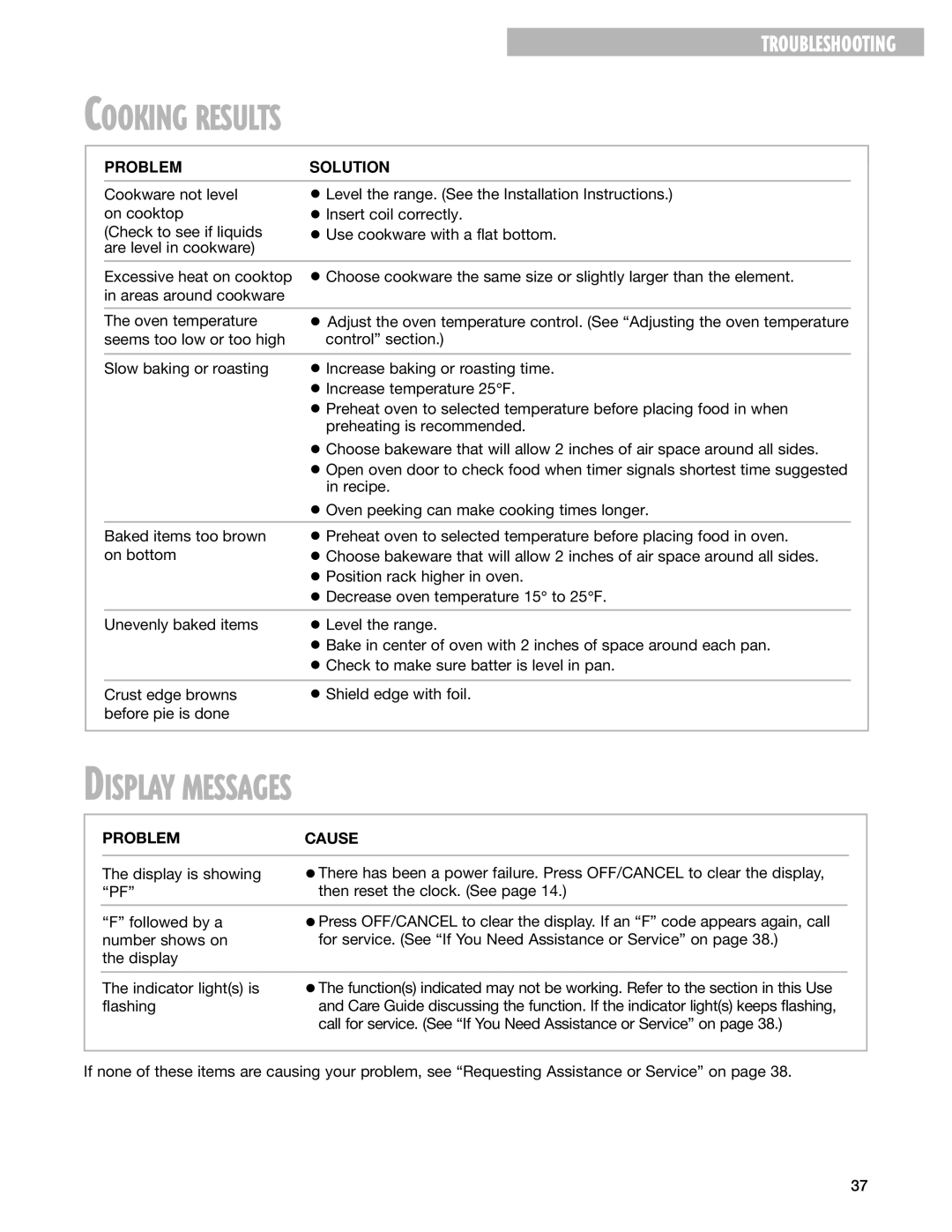 Whirlpool SES374H warranty Cooking Results, Display Messages 