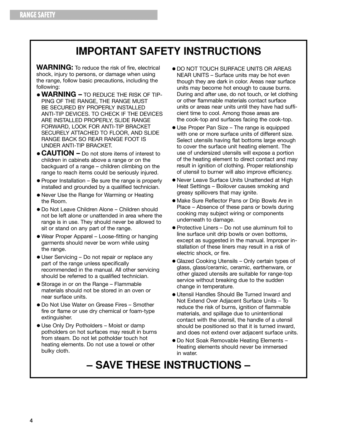 Whirlpool SES374H warranty Important Safety Instructions 