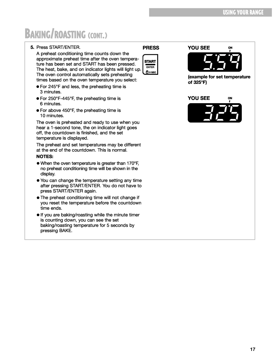 Whirlpool SES374H warranty Baking/Roasting Cont, Using Your Range, Press, You See, example for set temperature of 325F 