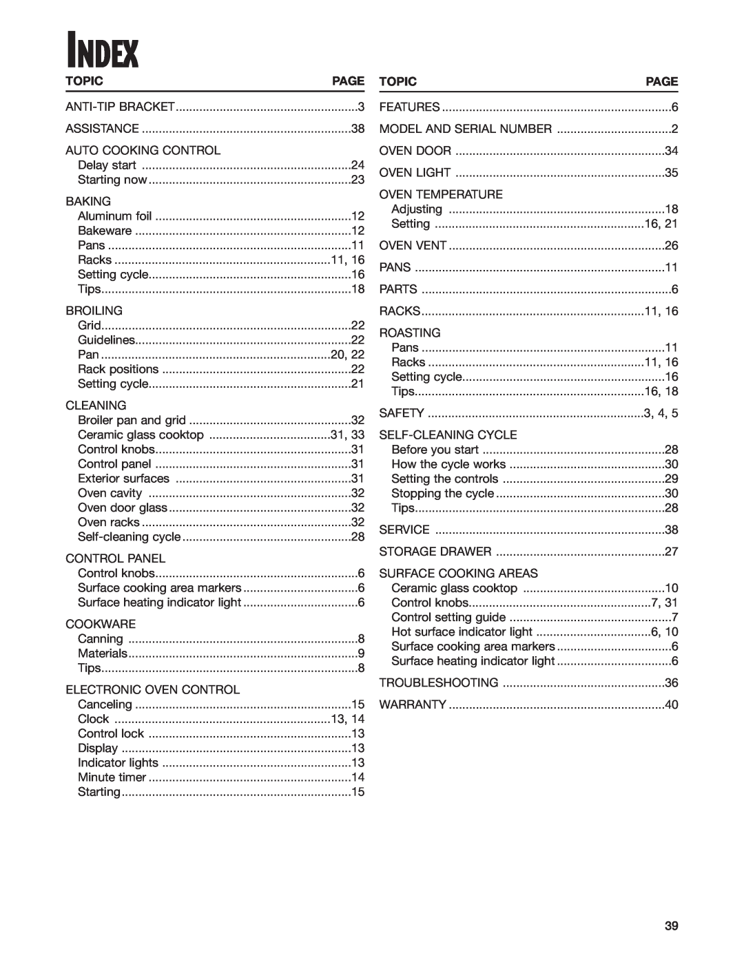 Whirlpool SES374H warranty Index, Topic, Page 
