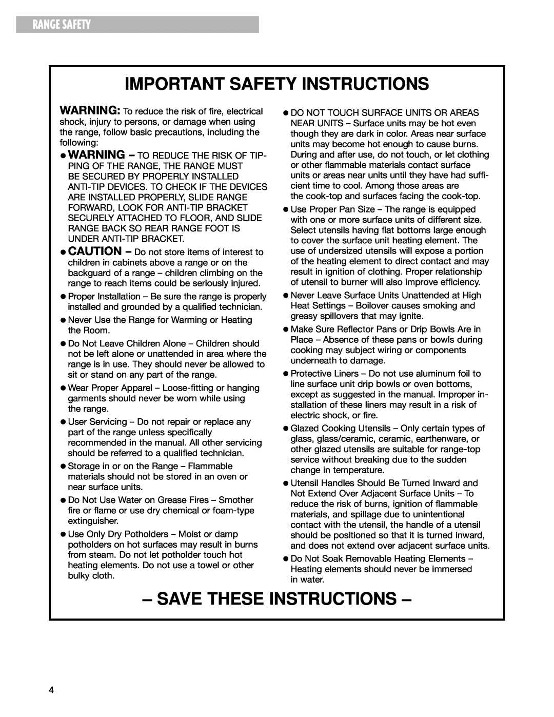 Whirlpool SES374H warranty Important Safety Instructions, Save These Instructions, Range Safety 