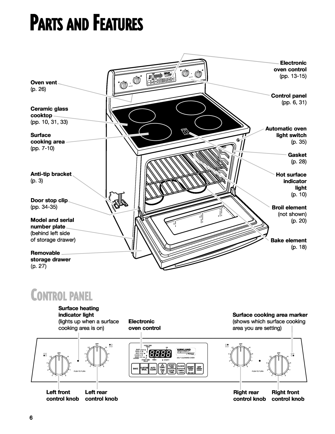 Whirlpool SES374H Parts And Features, Control Panel, Oven vent, Ceramic glass cooktop, Surface cooking area, Electronic 