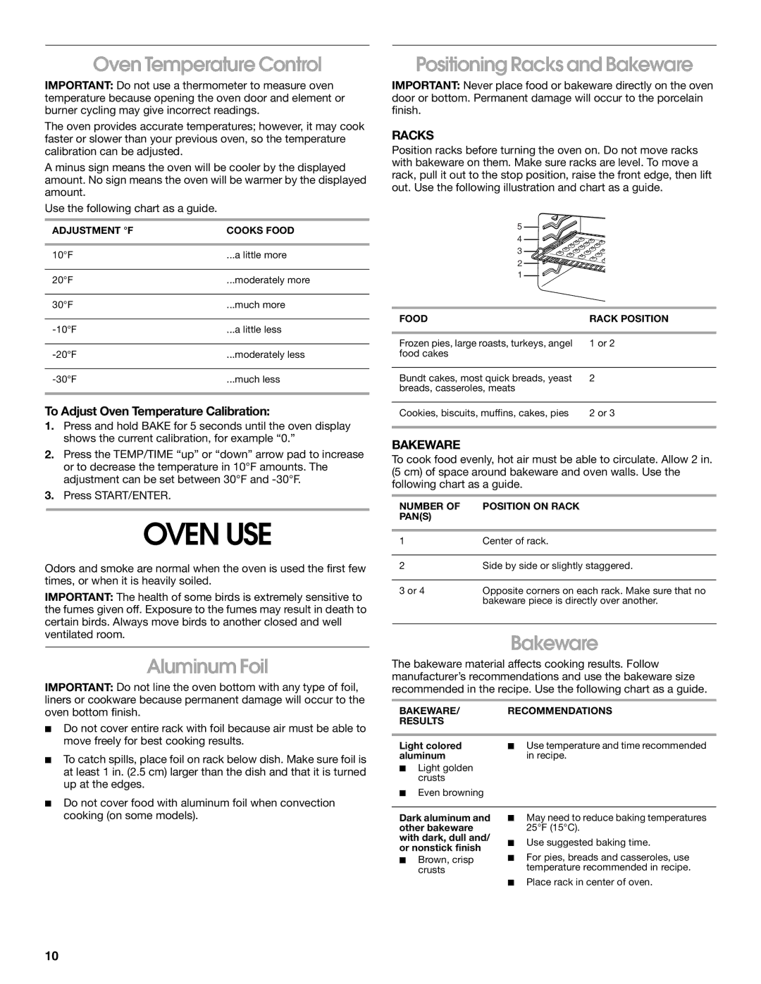 Whirlpool SES380MS0 manual Oven USE, Oven Temperature Control, Aluminum Foil, Positioning Racks and Bakeware 