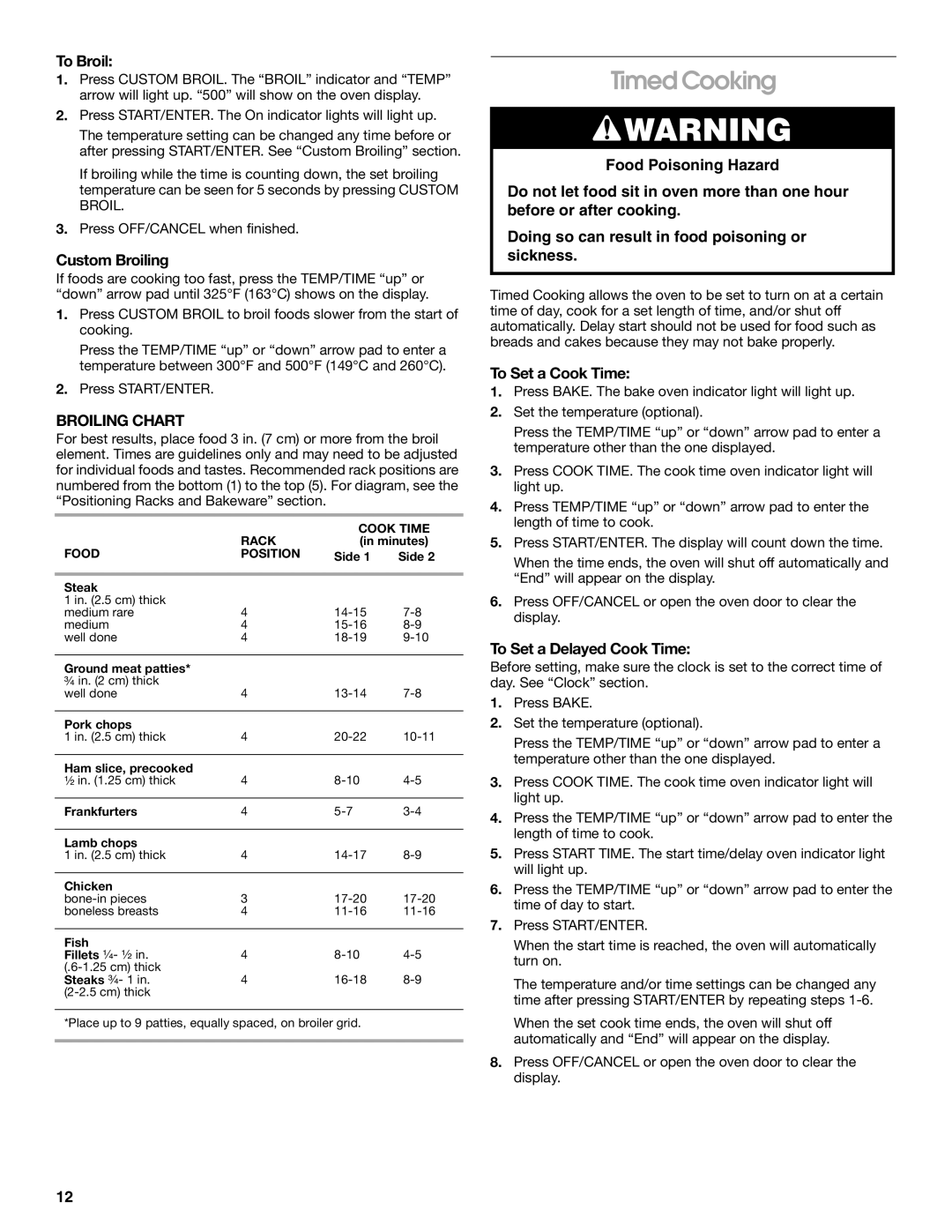 Whirlpool SES380MS0 manual Timed Cooking, Broiling Chart 