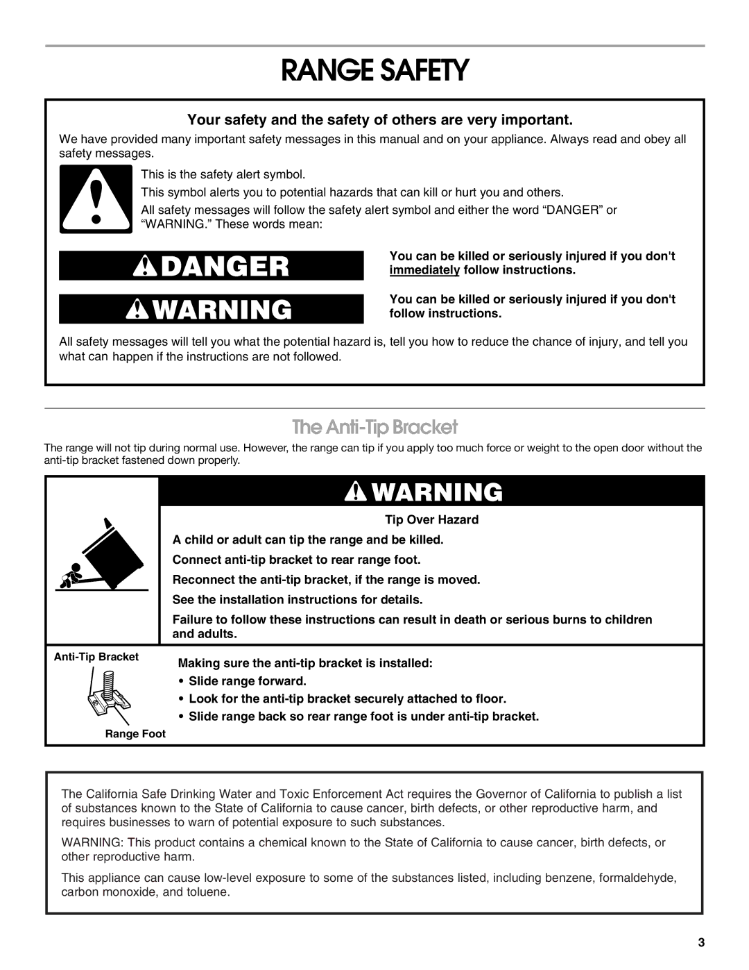 Whirlpool SES380MS0 manual Range Safety, Anti-Tip Bracket 