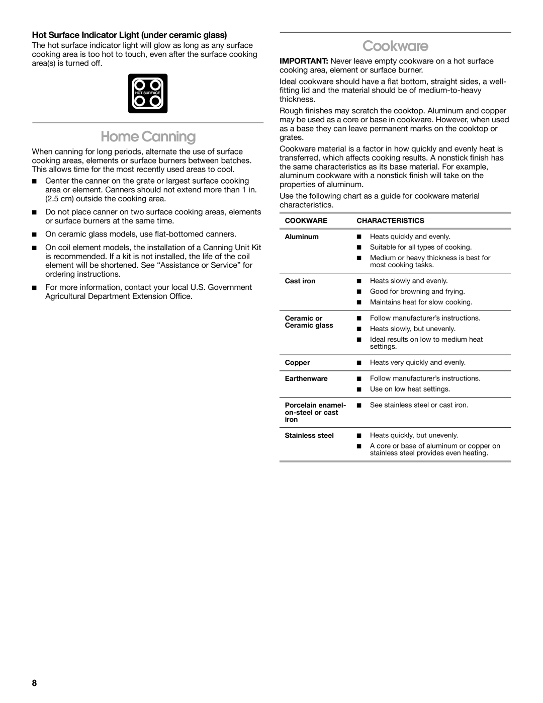 Whirlpool SES380MS0 manual Home Canning, Hot Surface Indicator Light under ceramic glass, Cookware Characteristics 