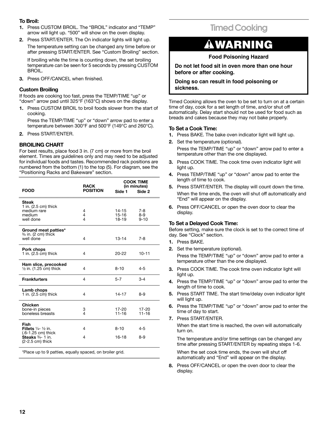 Whirlpool SES380MS0 Timed Cooking, To Broil, Custom Broiling, Broiling Chart, Food Poisoning Hazard, To Set a Cook Time 