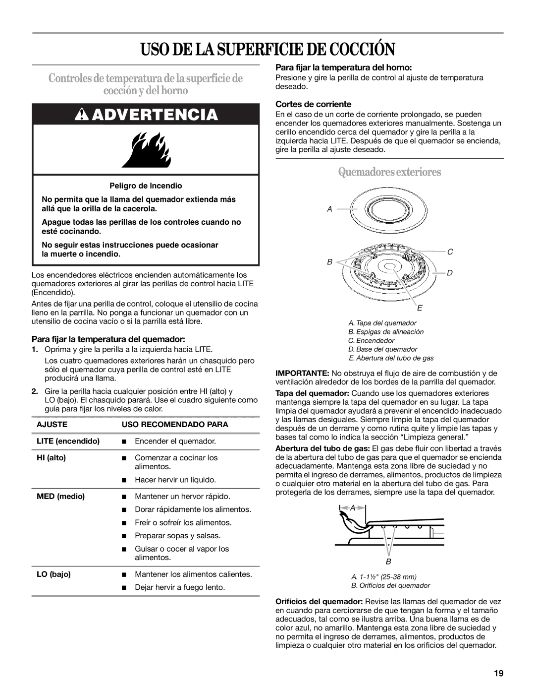 Whirlpool SF110AXS manual USO DE LA Superficie DE Cocción, Controlesdetemperaturadelasuperficiede Cocciónydelhorno 