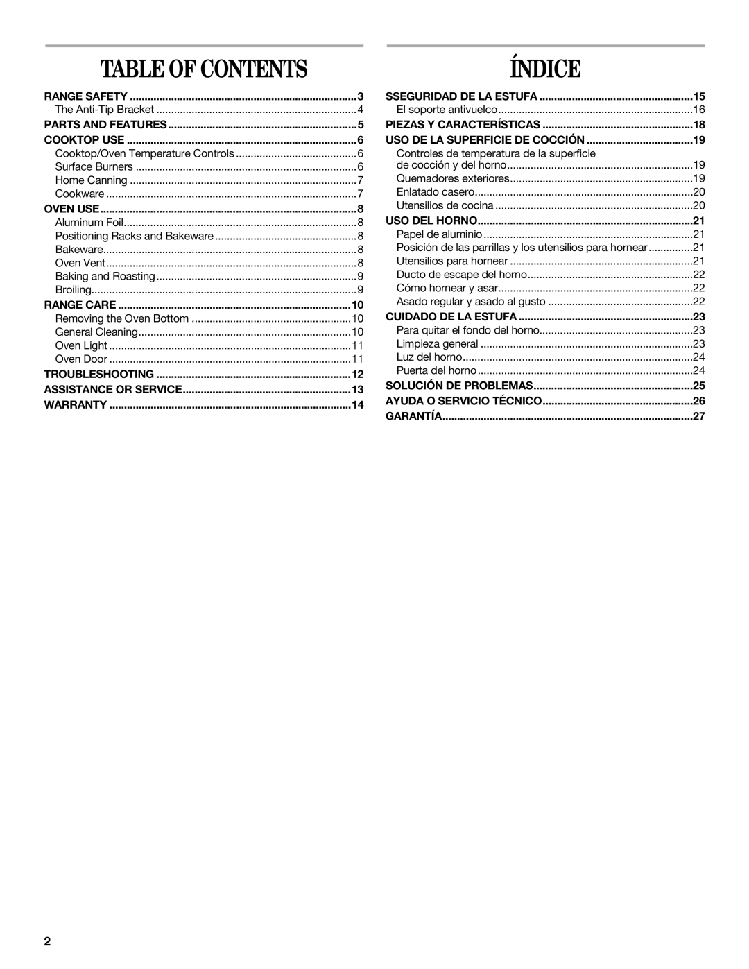 Whirlpool SF110AXS manual Table of Contents 