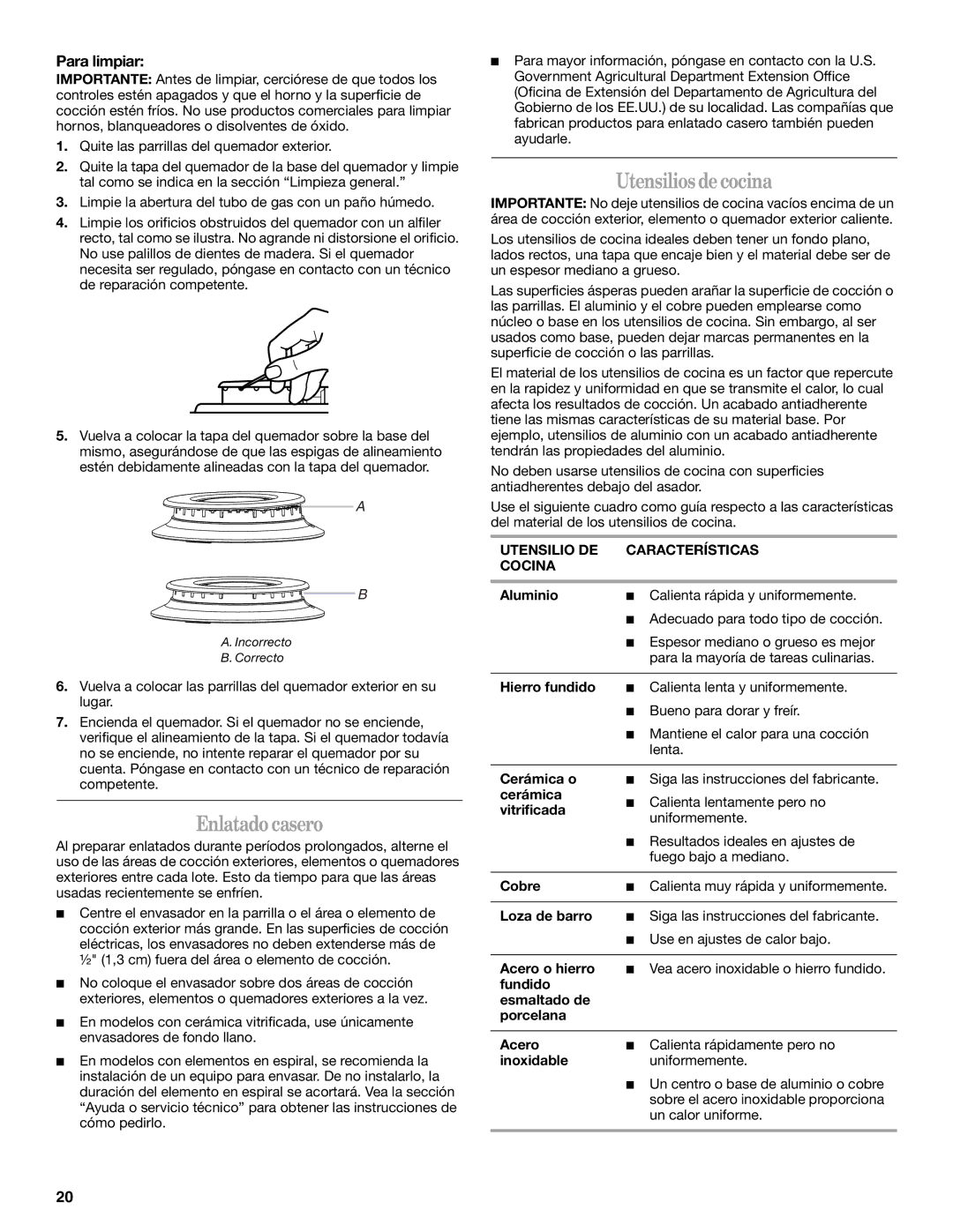 Whirlpool SF110AXS manual Enlatadocasero, Utensilios decocina, Para limpiar, Utensilio DE Características Cocina 