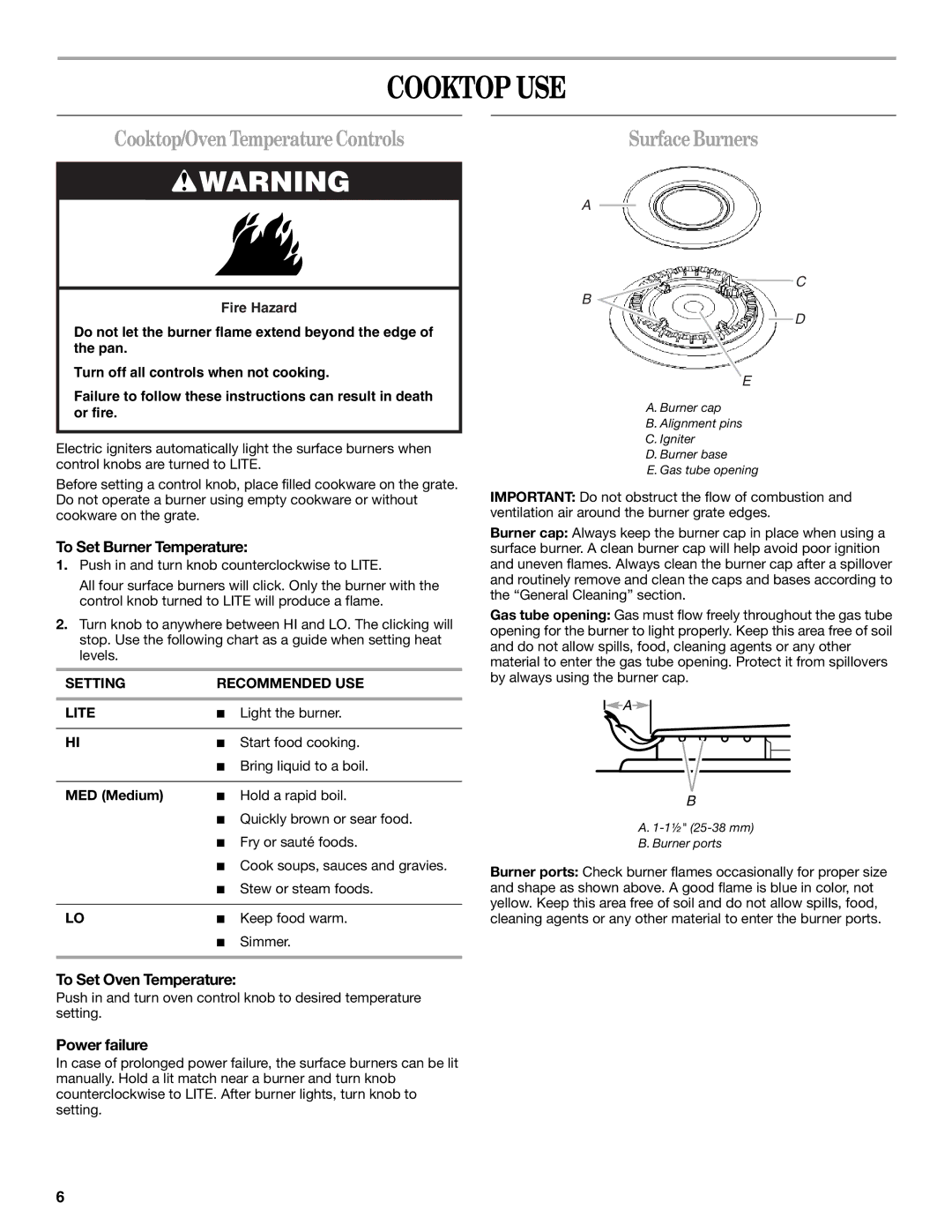 Whirlpool SF110AXS manual Cooktop USE, Cooktop/OvenTemperatureControls, SurfaceBurners 