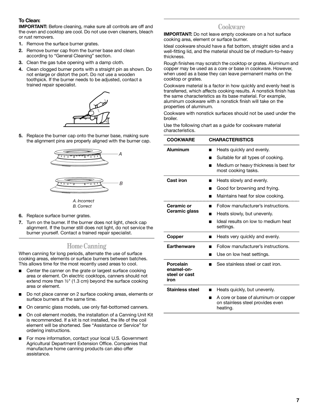 Whirlpool SF110AXS manual HomeCanning, To Clean, Cookware Characteristics 