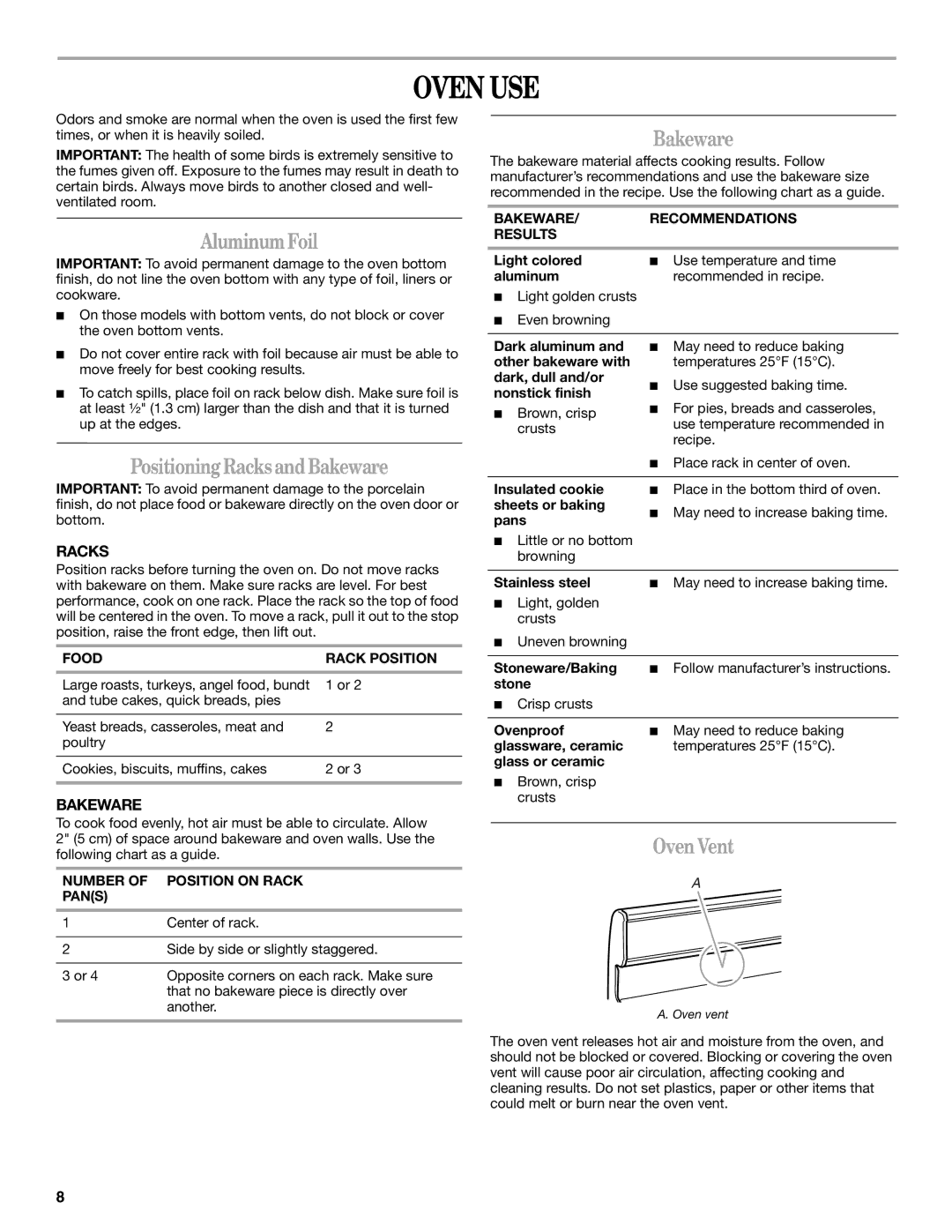 Whirlpool SF110AXS manual Oven USE, AluminumFoil, Positioning RacksandBakeware, Oven Vent 