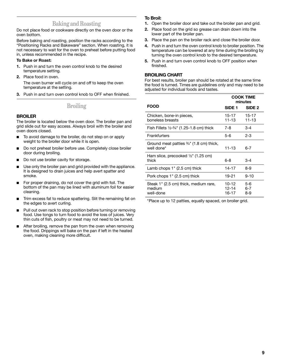 Whirlpool SF110AXS manual BakingandRoasting, Broiler, To Broil, Broiling Chart 