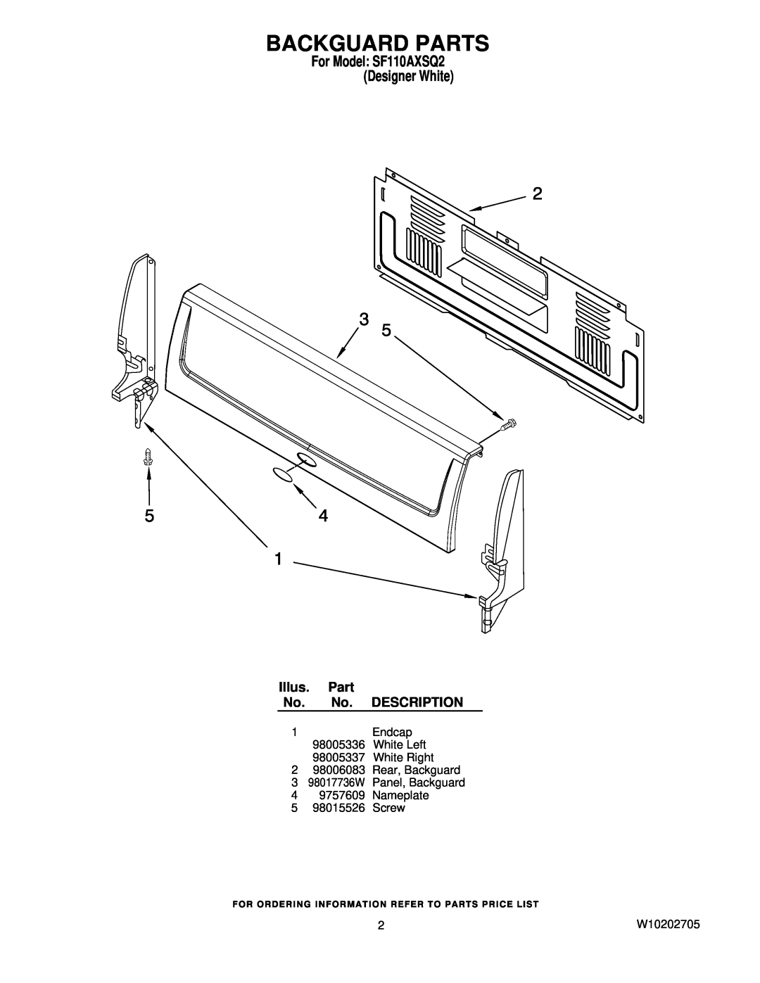 Whirlpool manual Backguard Parts, For Model SF110AXSQ2 Designer White 