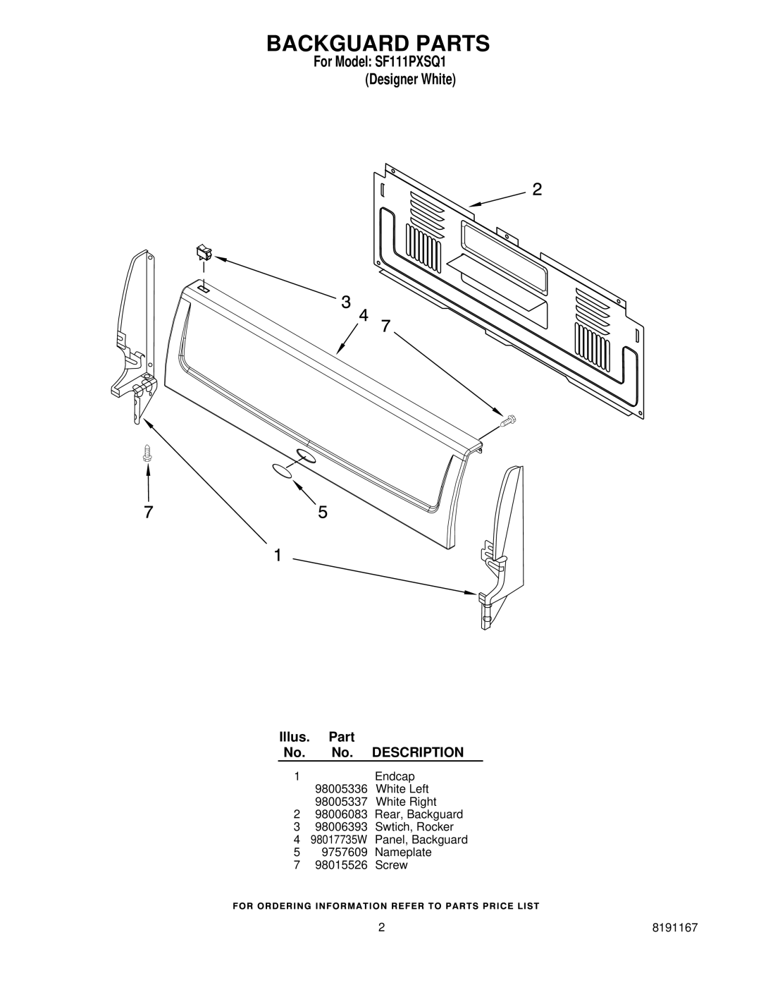 Whirlpool manual Backguard Parts, For Model SF111PXSQ1 Designer White 