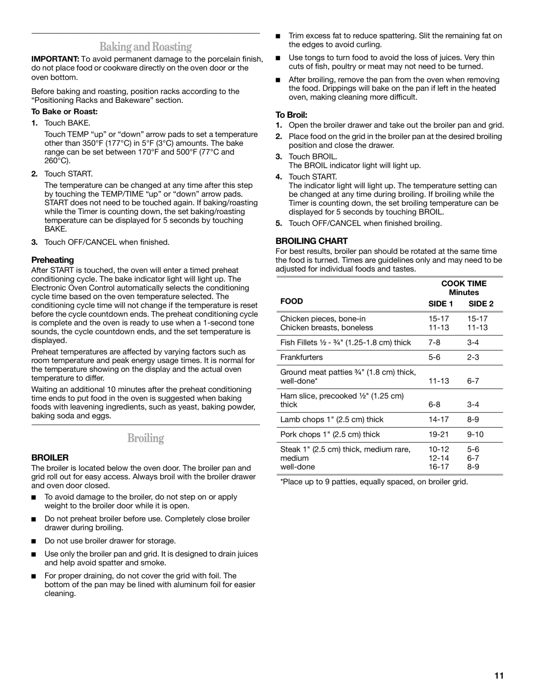 Whirlpool SF114PXS manual BakingandRoasting, Broiler, Broiling Chart 