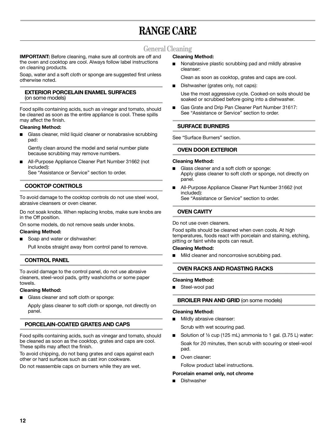 Whirlpool SF114PXS manual Range Care, GeneralCleaning 